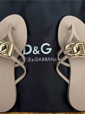 Dolce & Gabbana Nude Slide Sandals with Gold Logo Accent